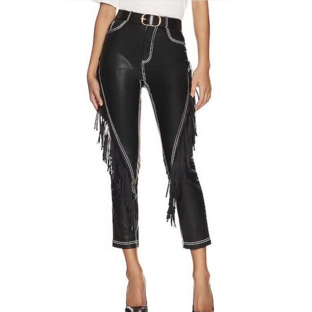 NBD Caela Black Faux Leather Fringe Western Pants Slim